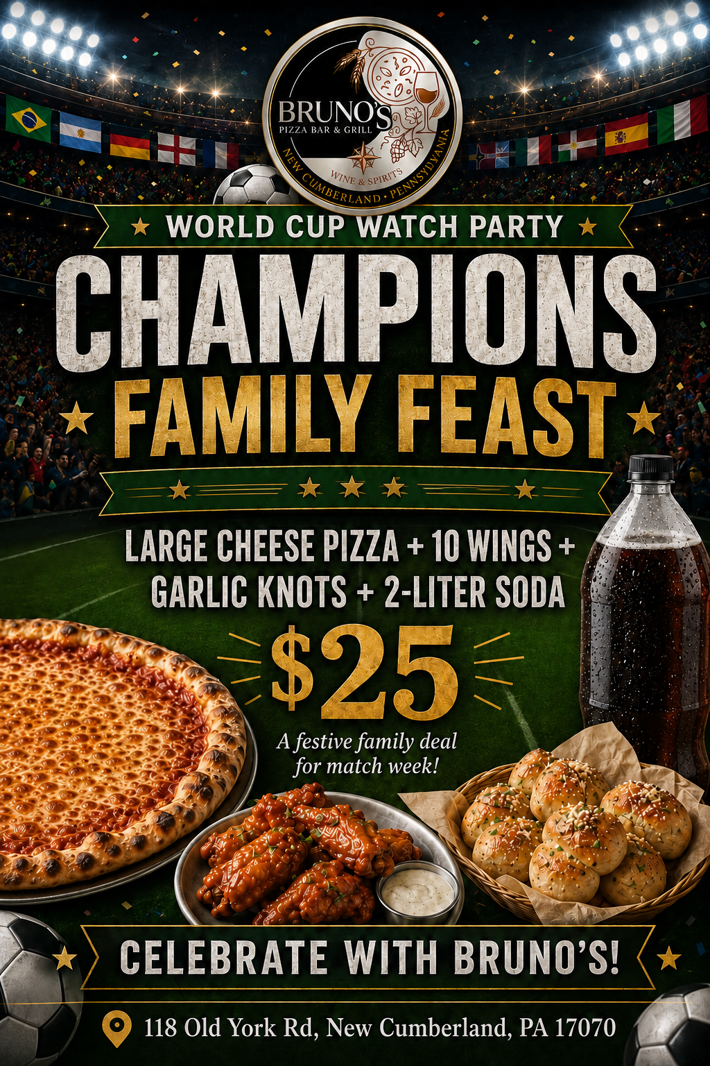 Champions Family Feast flyer: large cheese pizza, 10 wings, garlic knots and a 2-liter soda for $25