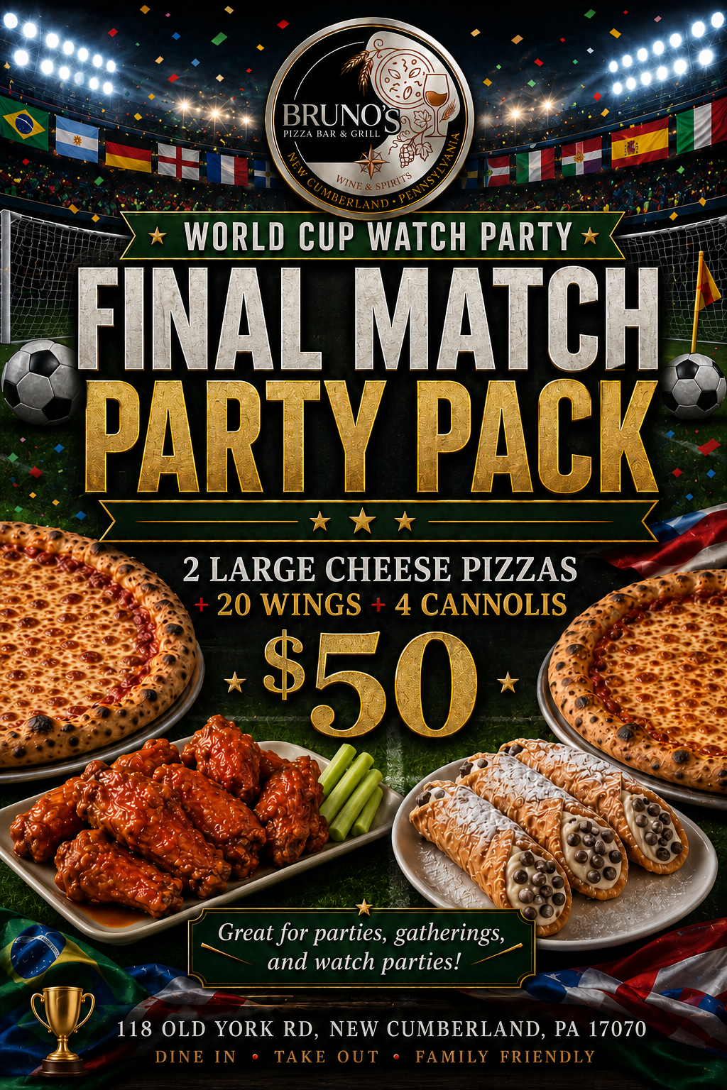 Final Match Party Pack flyer: two large cheese pizzas, 20 wings and four cannolis for $50
