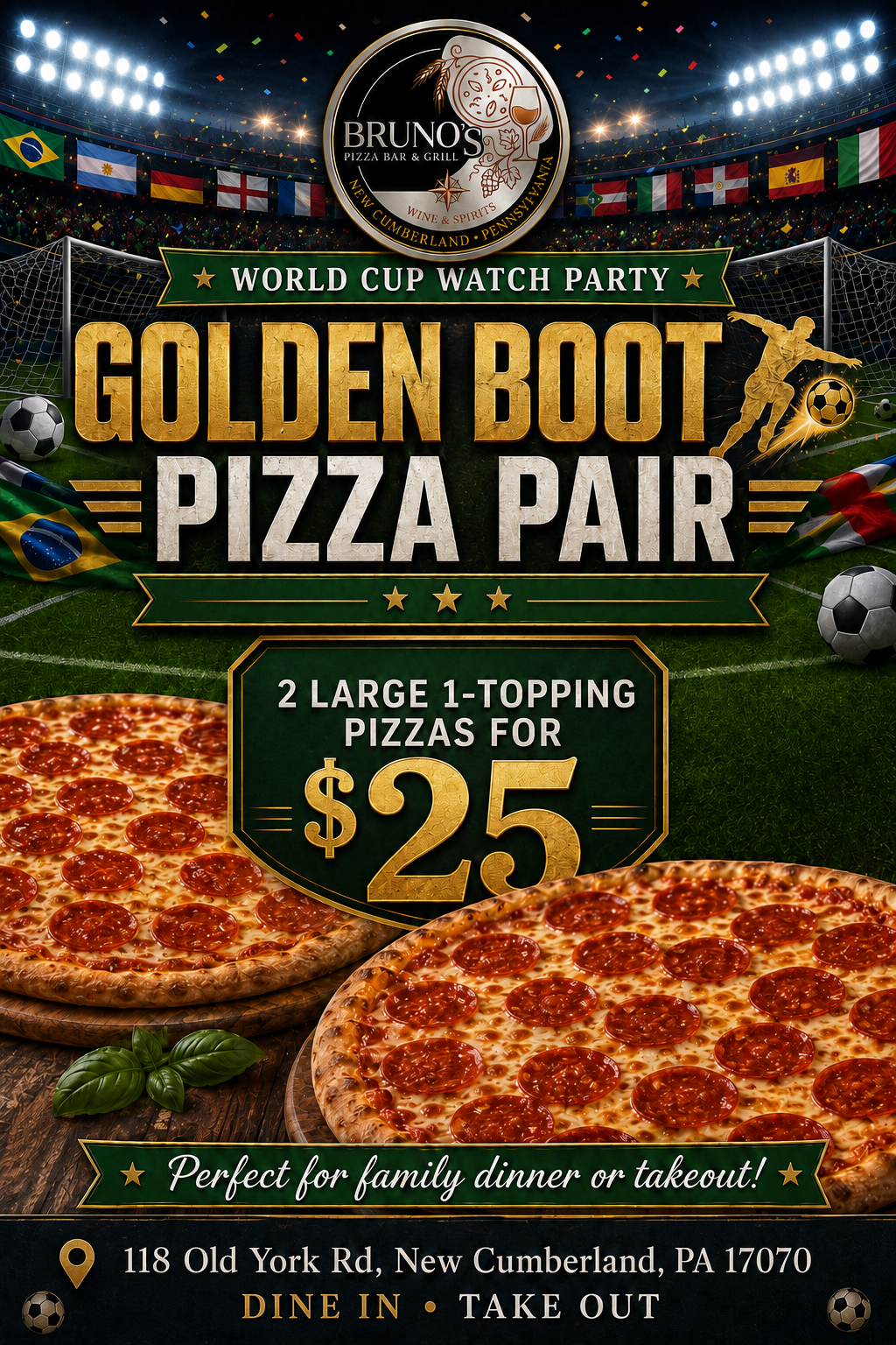 Golden Boot Pizza Pair flyer: two large one-topping pizzas for $25